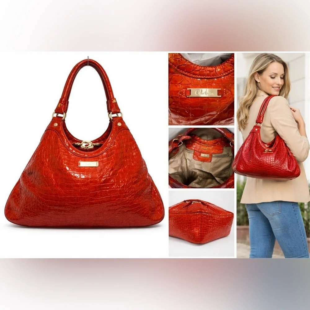 Cole Haan Red Croc-Embossed Patent Leather Hobo Shoulder Bag
